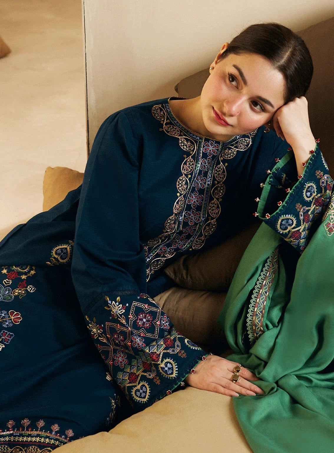 ZARA SHAHJAHAN 3PC DHANAK EMBROIDERED SHIRT WITH DHANAK SHAWL AND TROUSER DN-2055