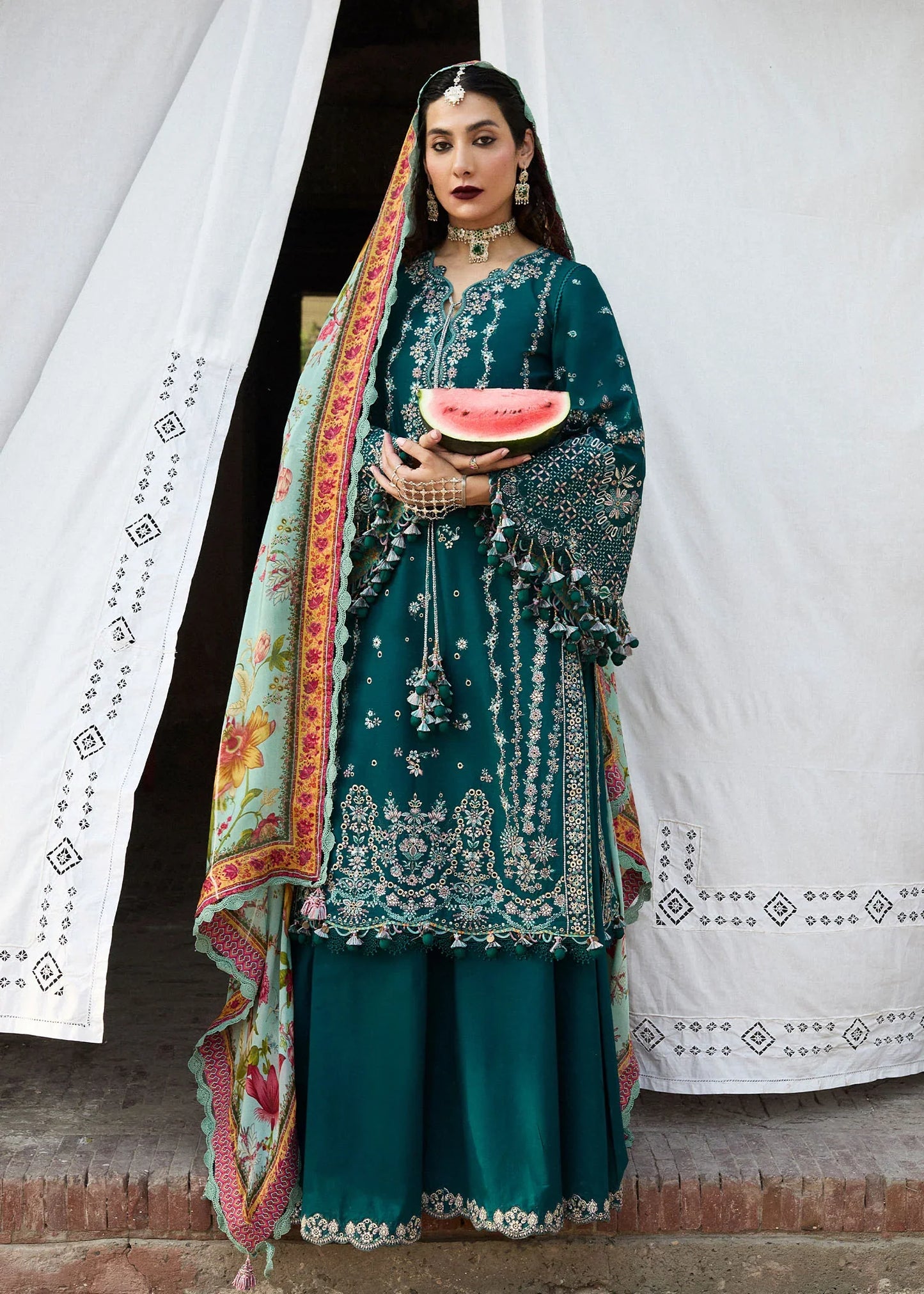 MARIA B 3PC DHANAK EMBROIDERED SHIRT WITH DHANAK SHAWL AND TROUSER DN-2063