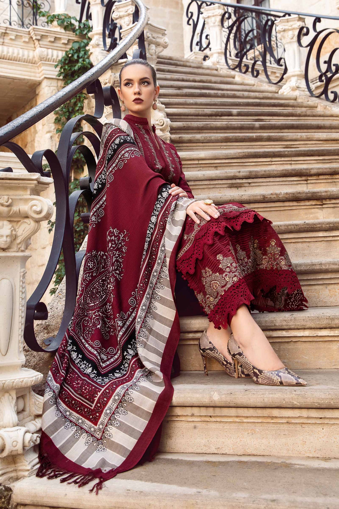 MARIA B 3PC DHANAK EMBROIDERED SHIRT WITH DHANAK SHAWL AND TROUSER DN-2067