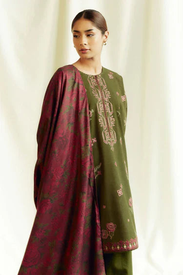 ZARA SHAHJAHAN 3PC DHANAK EMBROIDERED SHIRT WITH DHANAK SHAWL AND TROUSER DN-2085