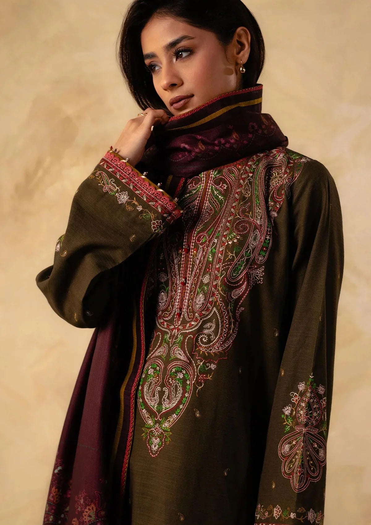 SAPPHIRE 3PC DHANAK EMBROIDERED SHIRT WITH DHANAK EMB SHAWL AND TROUSER DN-2006