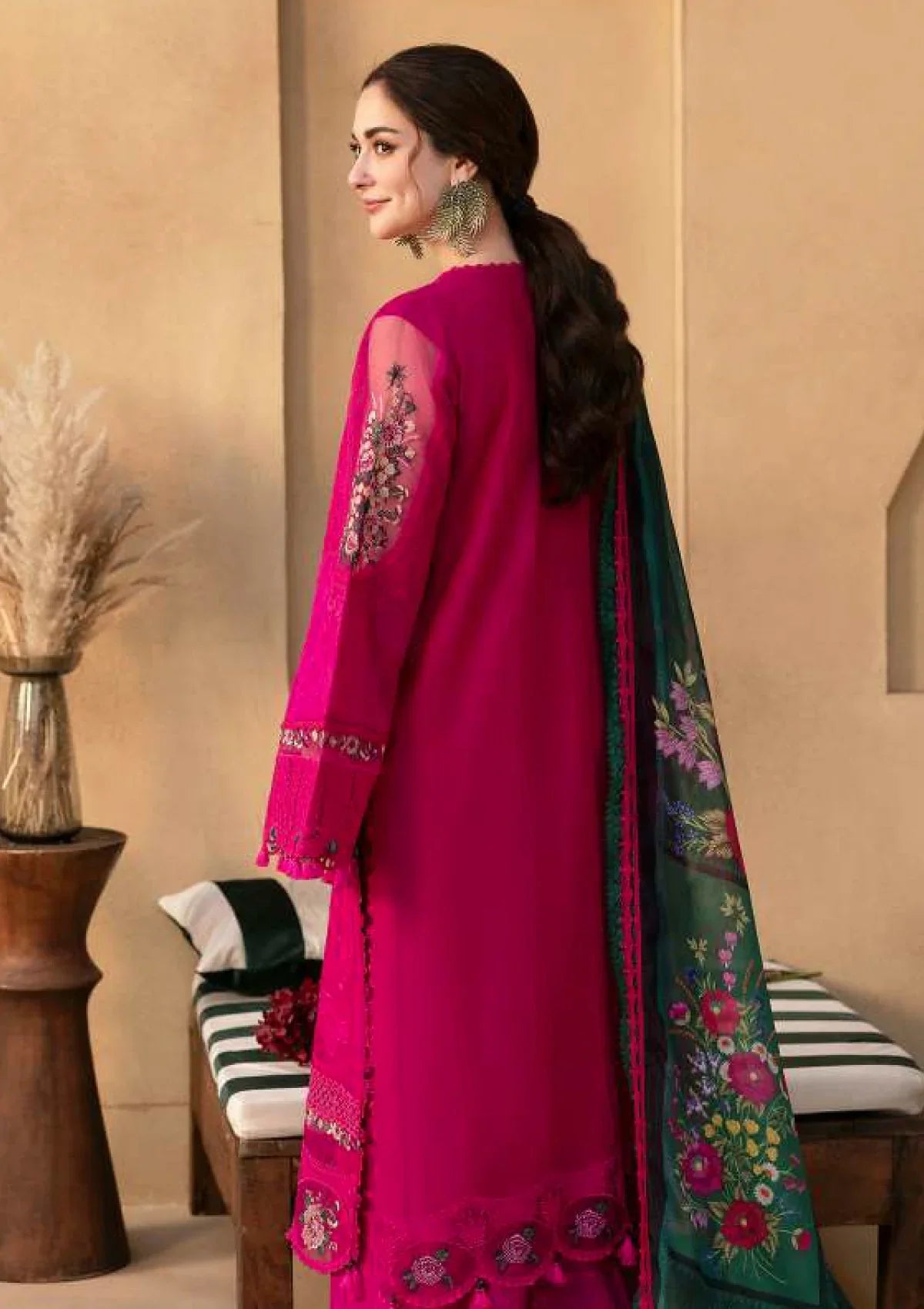 QALAMQAR 3PC DHANAK EMBROIDERED SHIRT WITH DHANAK EMB SHAWL AND TROUSER DN-2007