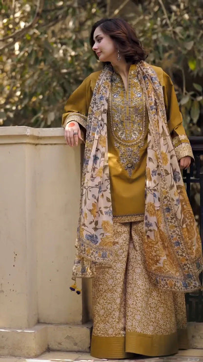 3PC DHANAK EMBROIDERED SHIRT WITH DHANAK PRINT SHAWL AND TROUSER DN-2001