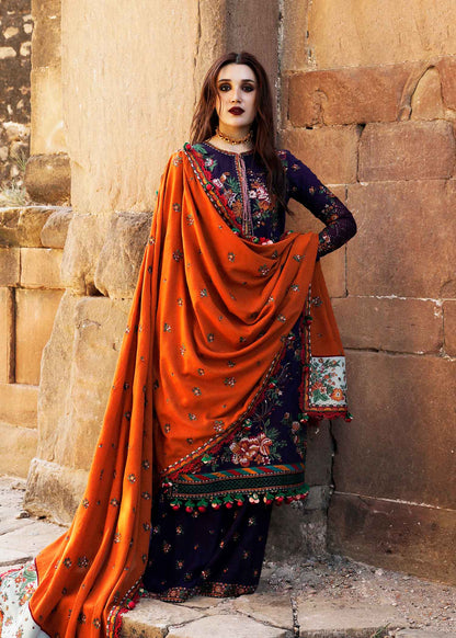 HUSSAIN REHAR 3PC DHANAK EMBROIDERED SHIRT WITH DHANAK PRINT SHAWL AND TROUSER DN-2010