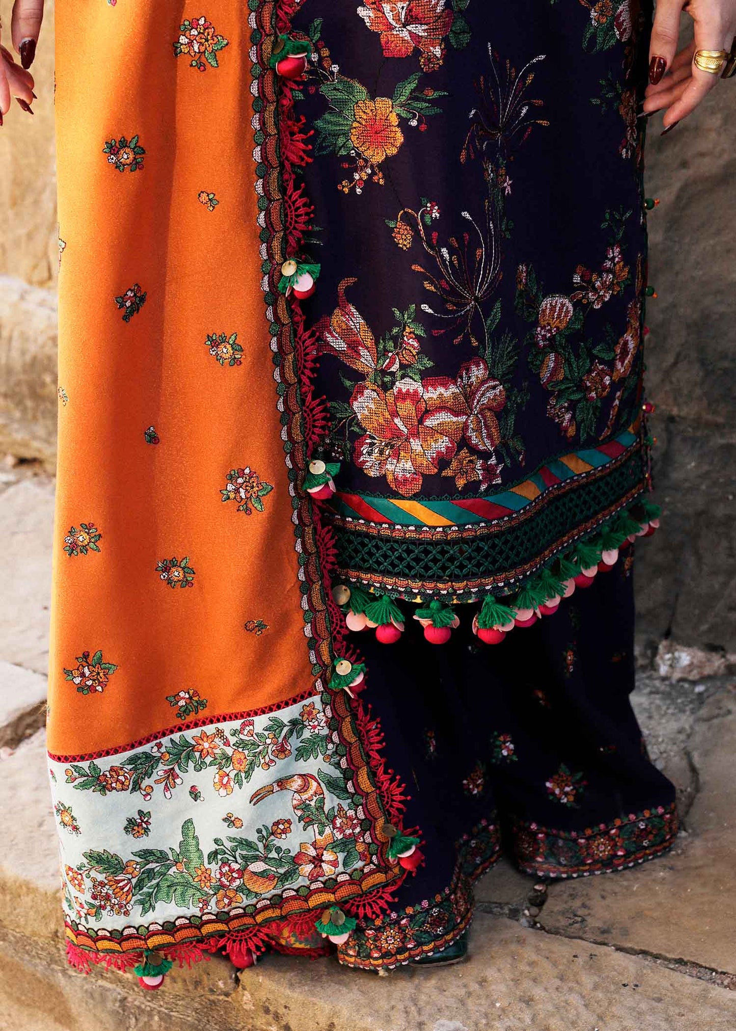 HUSSAIN REHAR 3PC DHANAK EMBROIDERED SHIRT WITH DHANAK PRINT SHAWL AND TROUSER DN-2010