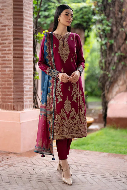 3PC DHANAK EMBROIDERED SHIRT WITH DHANAK PRINT SHAWL AND TROUSER DN-2002