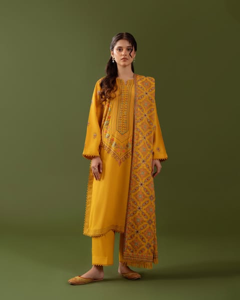 ORANGE 3PC DHANAK EMBROIDERED SHIRT WITH DHANAK SHAWL AND TROUSER DN-2045