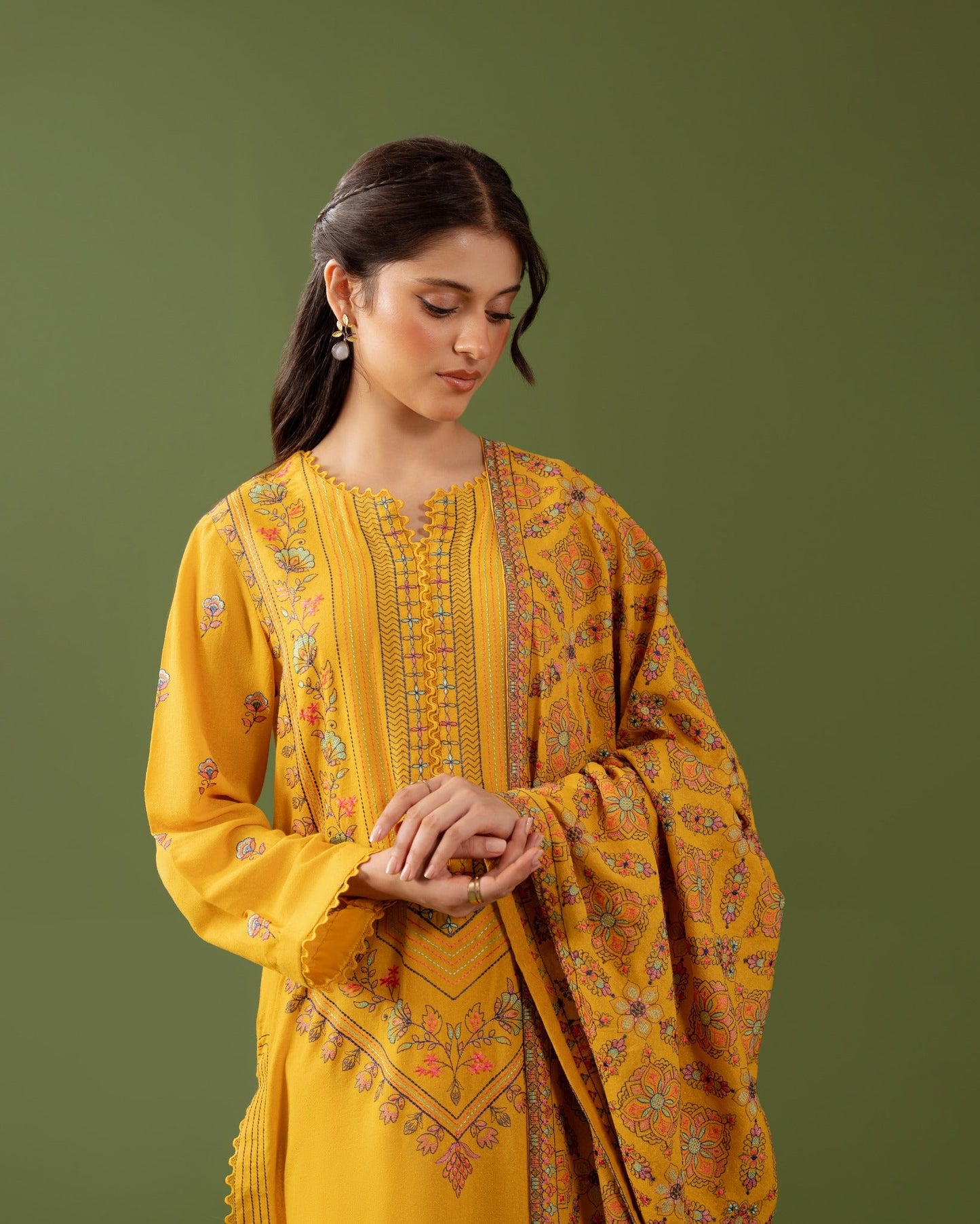 ORANGE 3PC DHANAK EMBROIDERED SHIRT WITH DHANAK SHAWL AND TROUSER DN-2045