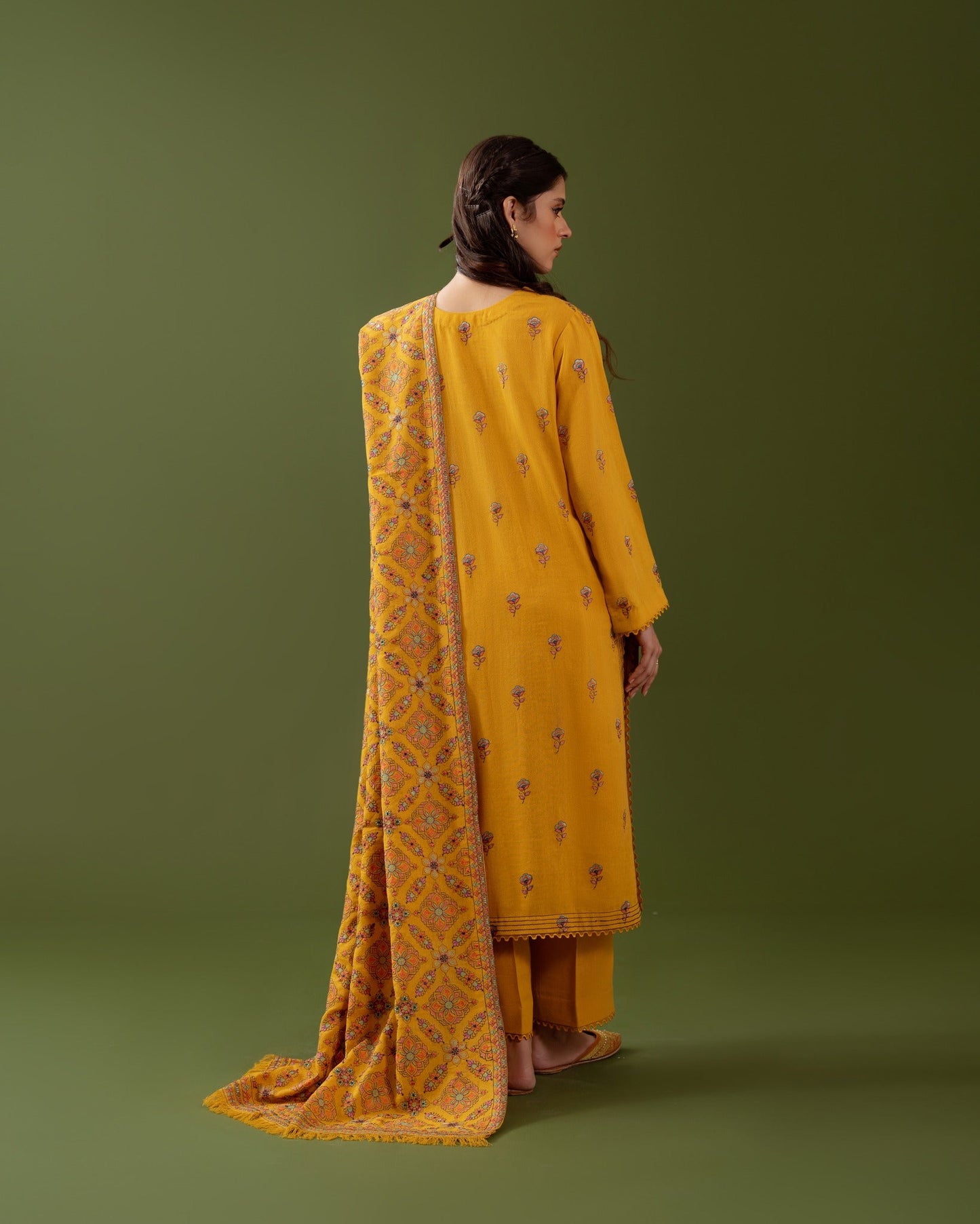 ORANGE 3PC DHANAK EMBROIDERED SHIRT WITH DHANAK SHAWL AND TROUSER DN-2045
