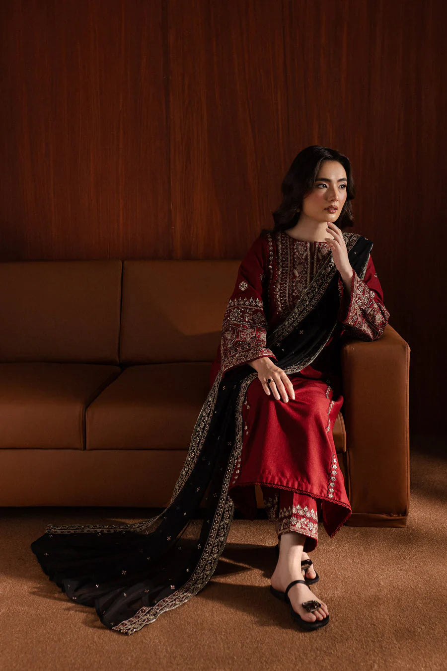 ETHNIC 3PC DHANAK EMBROIDERED SHIRT WITH DHANAK PRINT SHAWL AND TROUSER DN-2012