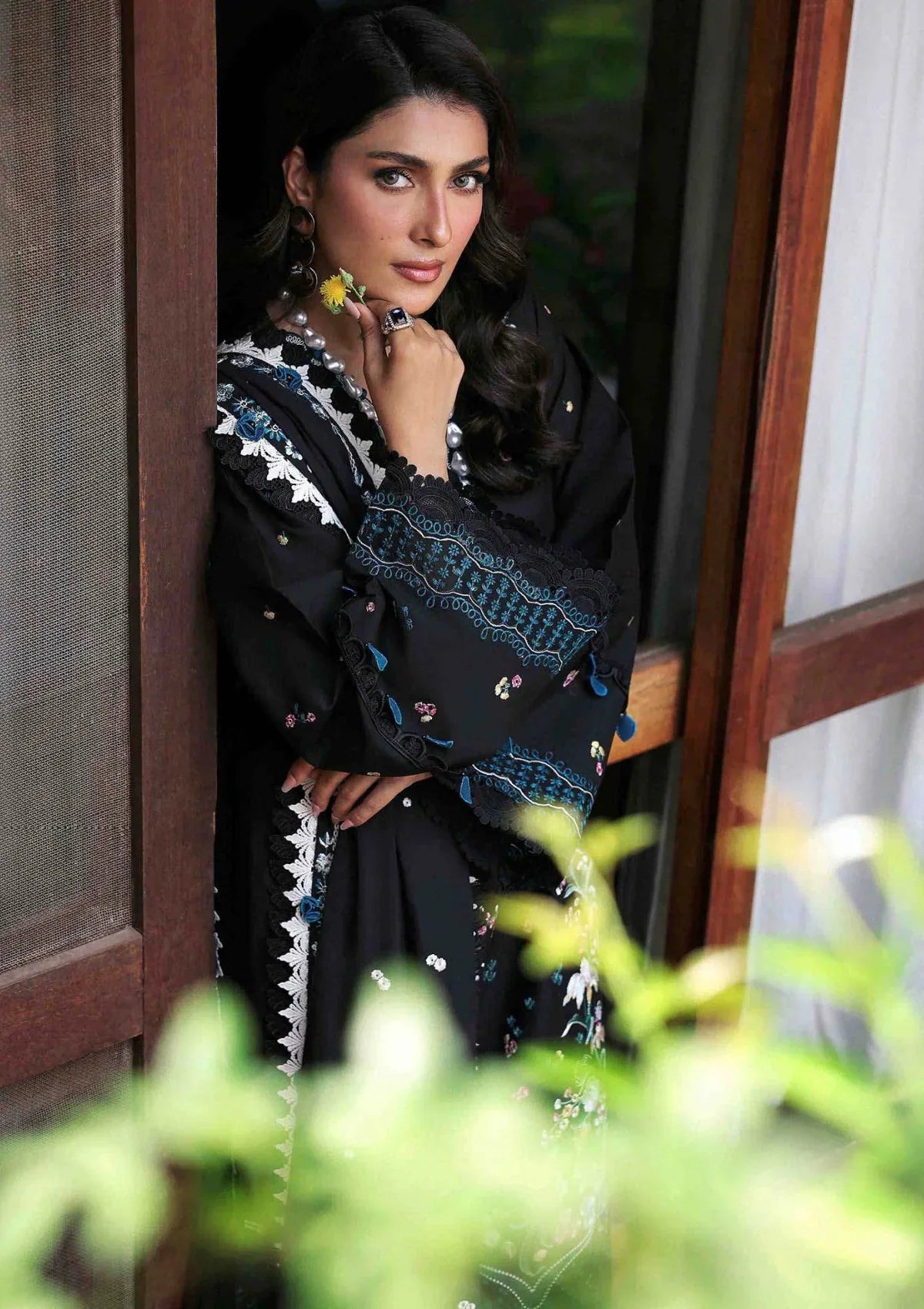 QALAMQAR 3PC DHANAK EMBROIDERED SHIRT WITH DHANAK PRINT SHAWL AND TROUSER DN-2014