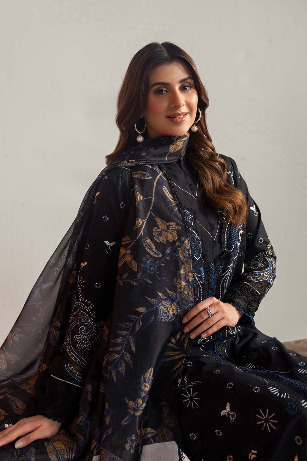 MARIA B 3PC DHANAK EMBROIDERED SHIRT WITH DHANAK SHAWL AND TROUSER DN-2059