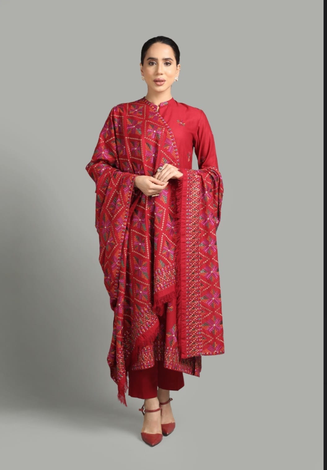 BAREEZE 3PC DHANAK EMBROIDERED SHIRT WITH DHANAK SHAWL AND TROUSER DN-2026