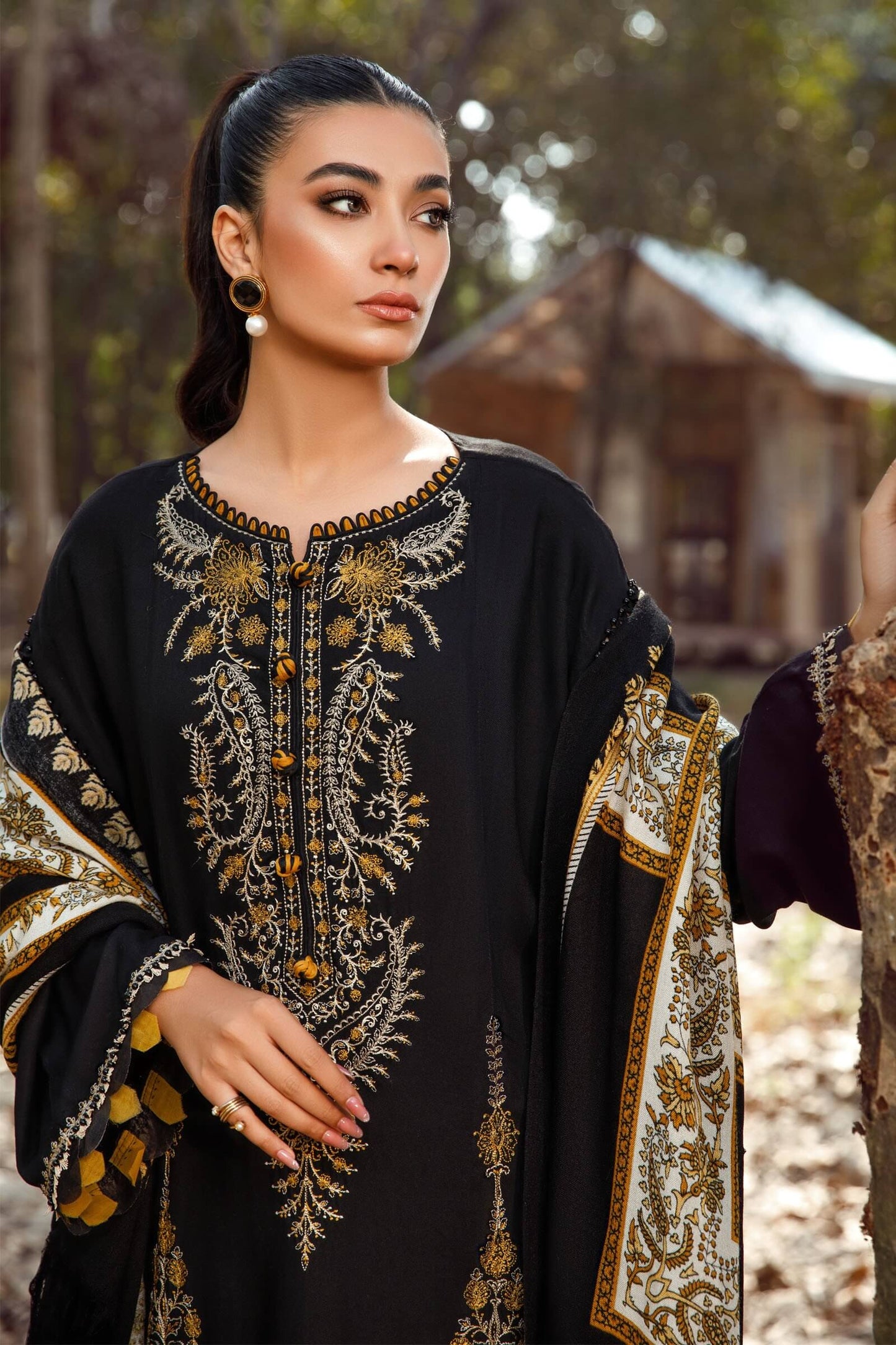 MARIA B 3PC DHANAK EMBROIDERED SHIRT WITH DHANAK SHAWL AND TROUSER DN-2064
