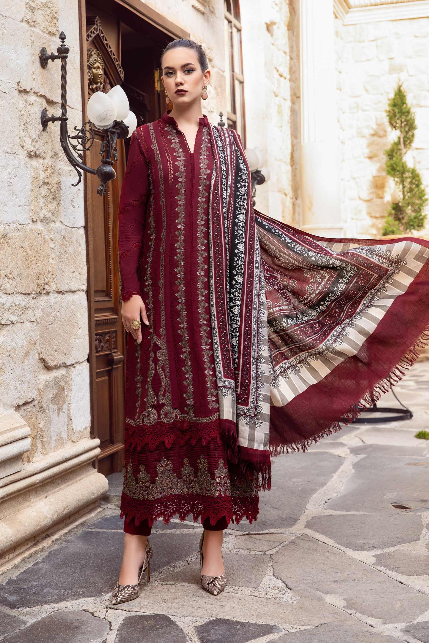 MARIA B 3PC DHANAK EMBROIDERED SHIRT WITH DHANAK SHAWL AND TROUSER DN-2067
