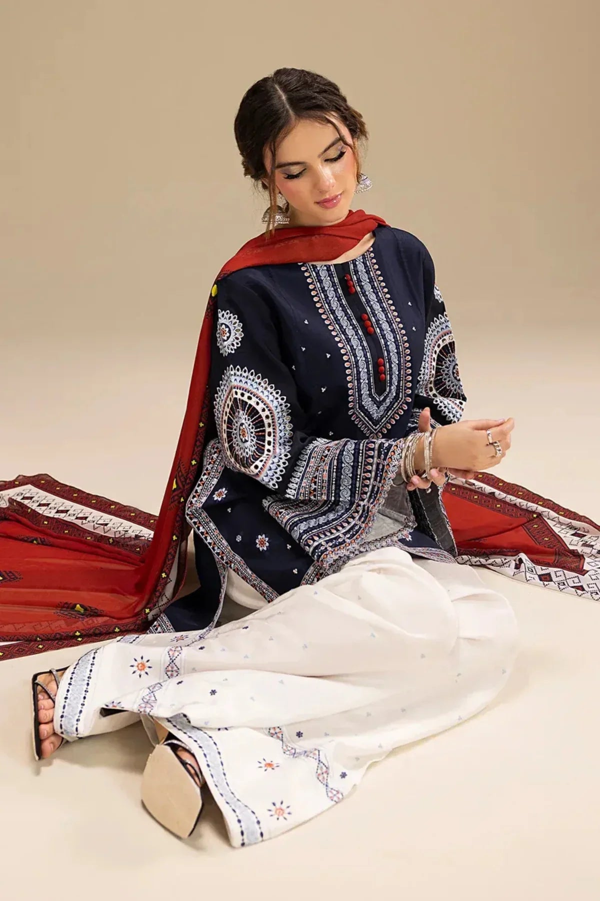 ETHNIC 3PC DHANAK EMBROIDERED SHIRT WITH DHANAK SHAWL AND TROUSER DN-2070