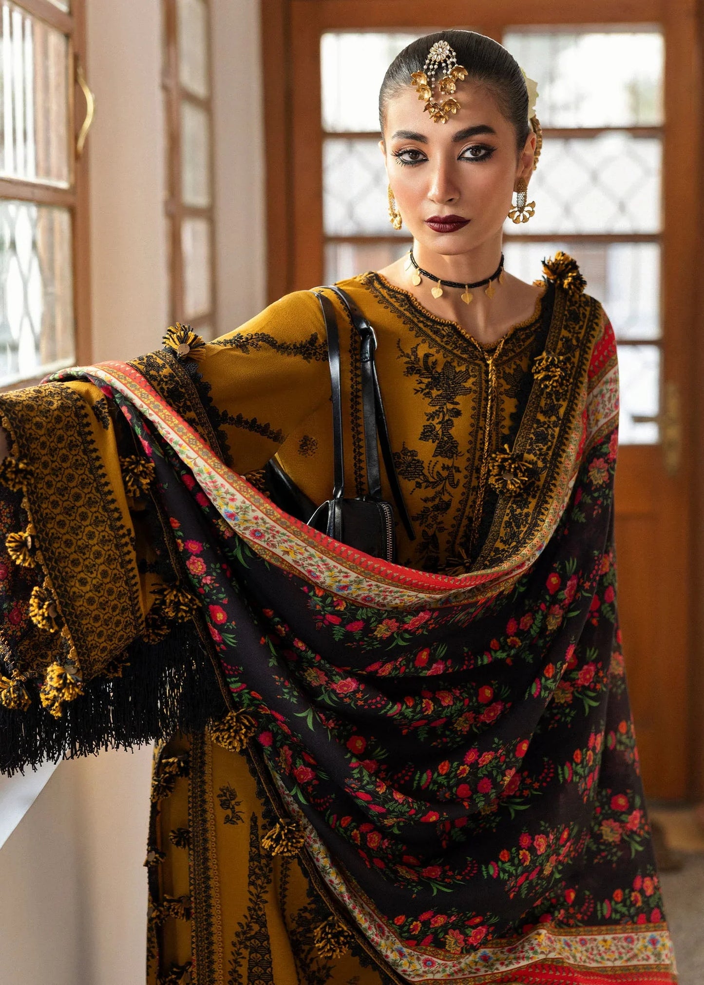 SAAGE 3PC DHANAK EMBROIDERED SHIRT WITH DHANAK SHAWL AND TROUSER DN-2072