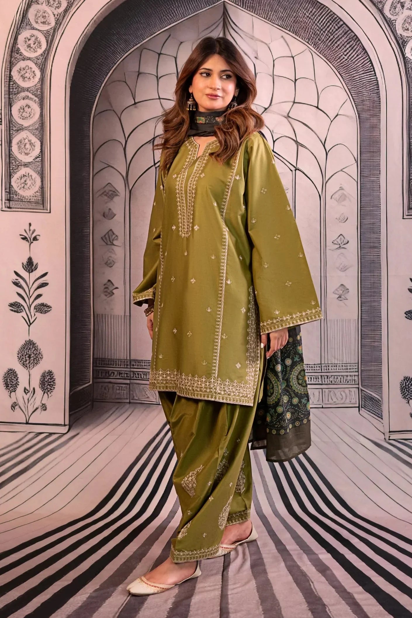 URGE 3PC DHANAK EMBROIDERED SHIRT WITH DHANAK SHAWL AND TROUSER DN-2075
