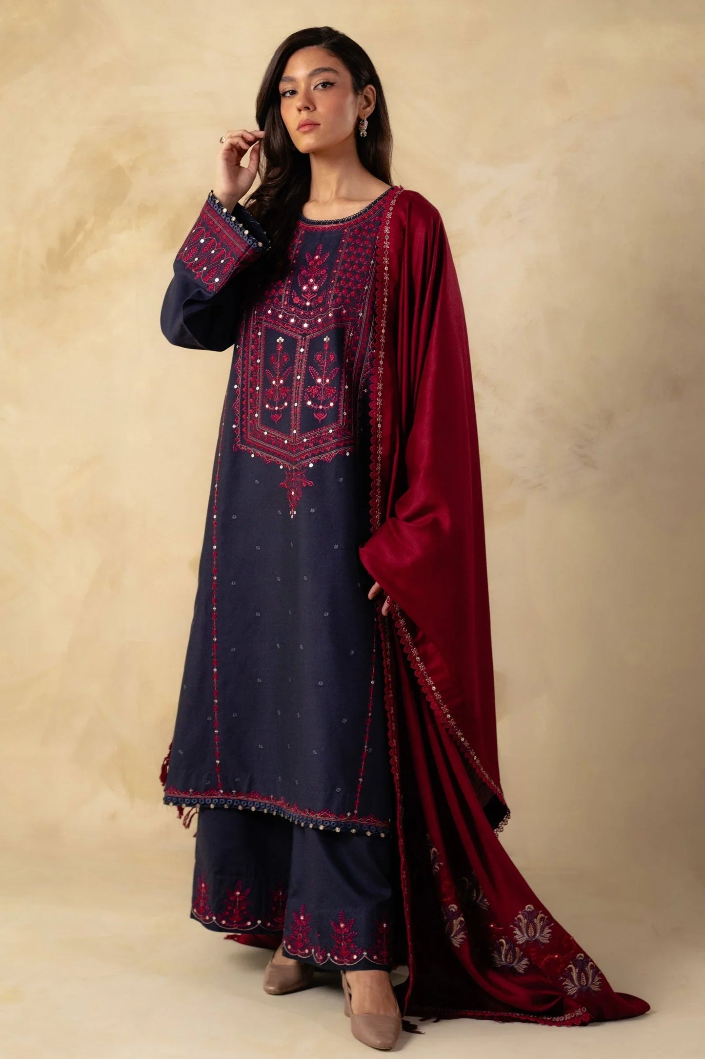 SAPPHIRE 3PC DHANAK EMBROIDERED SHIRT WITH DHANAK SHAWL AND TROUSER DN-2078