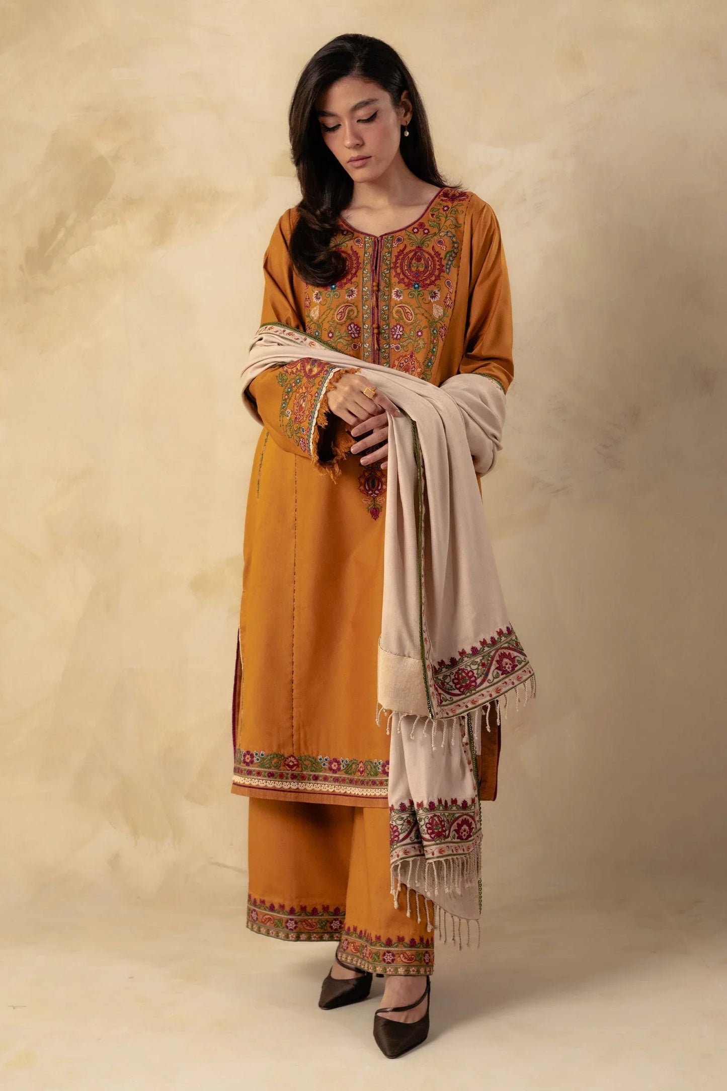 SAPPHIRE 3PC DHANAK EMBROIDERED SHIRT WITH DHANAK SHAWL AND TROUSER DN-2079