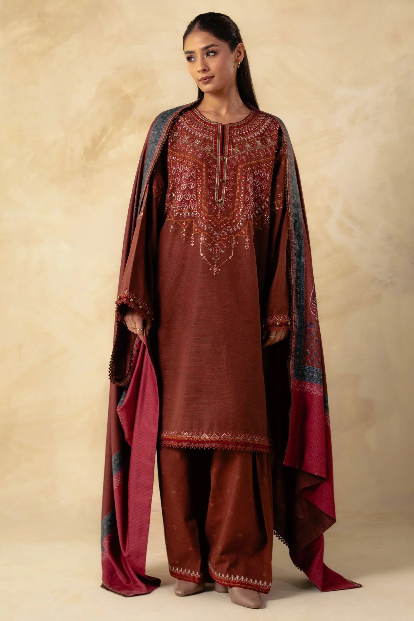 ZARA SHAHJAHAN 3PC DHANAK EMBROIDERED SHIRT WITH DHANAK SHAWL AND TROUSER DN-2081