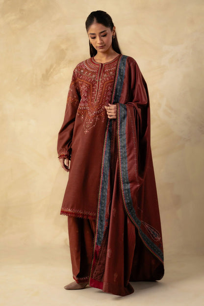 ZARA SHAHJAHAN 3PC DHANAK EMBROIDERED SHIRT WITH DHANAK SHAWL AND TROUSER DN-2081