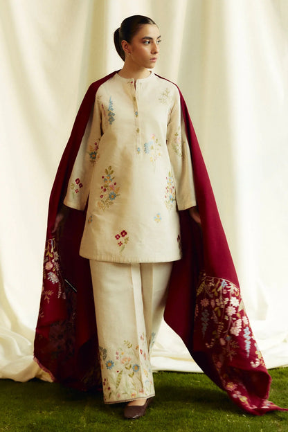 ZARA SHAHJAHAN 3PC DHANAK EMBROIDERED SHIRT WITH DHANAK SHAWL AND TROUSER DN-2082