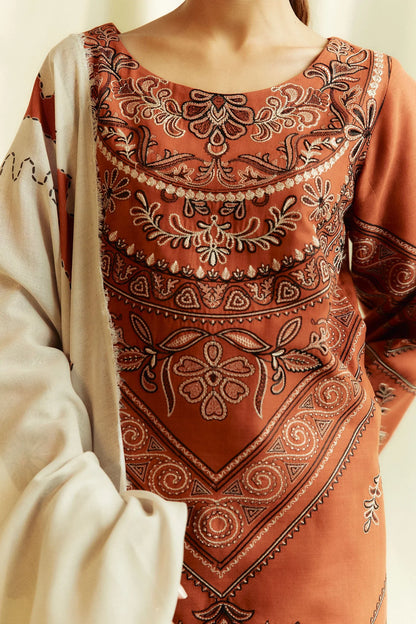 ZARA SHAHJAHAN 3PC DHANAK EMBROIDERED SHIRT WITH DHANAK SHAWL AND TROUSER DN-2084