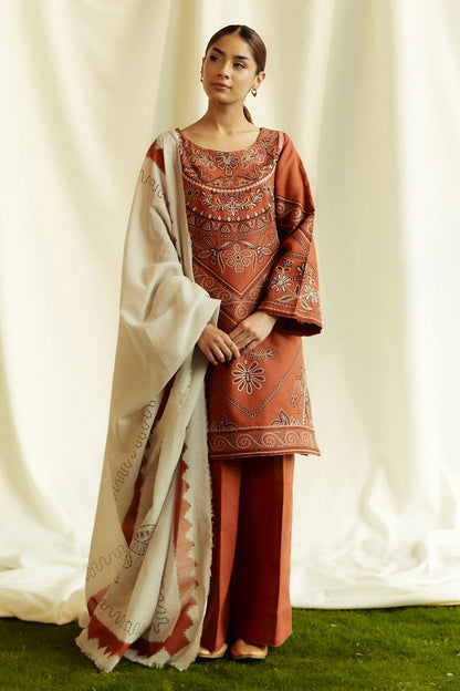 ZARA SHAHJAHAN 3PC DHANAK EMBROIDERED SHIRT WITH DHANAK SHAWL AND TROUSER DN-2084