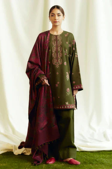 ZARA SHAHJAHAN 3PC DHANAK EMBROIDERED SHIRT WITH DHANAK SHAWL AND TROUSER DN-2085