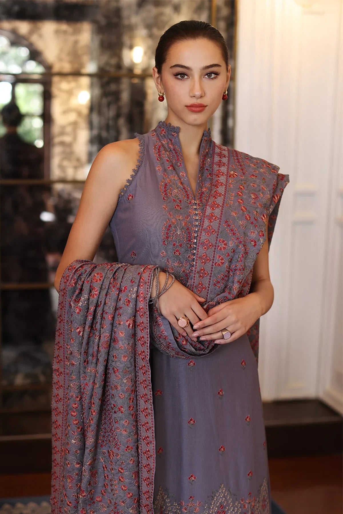 BAREEZE 3PC DHANAK EMBROIDERED SHIRT WITH DHANAK SHAWL AND TROUSER DN-2019