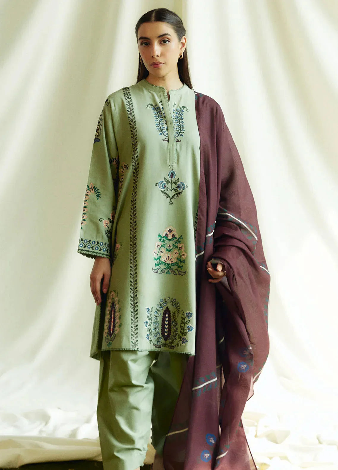 ZARA SHAHJAHAN 3PC DHANAK EMBROIDERED SHIRT WITH DHANAK SHAWL AND TROUSER DN-2057