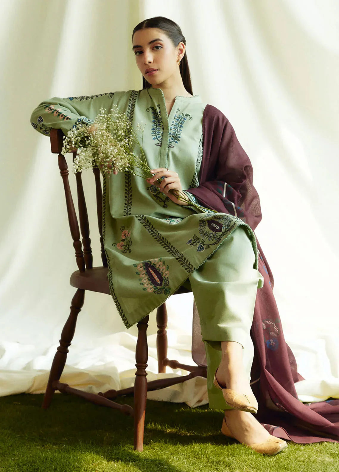 ZARA SHAHJAHAN 3PC DHANAK EMBROIDERED SHIRT WITH DHANAK SHAWL AND TROUSER DN-2057
