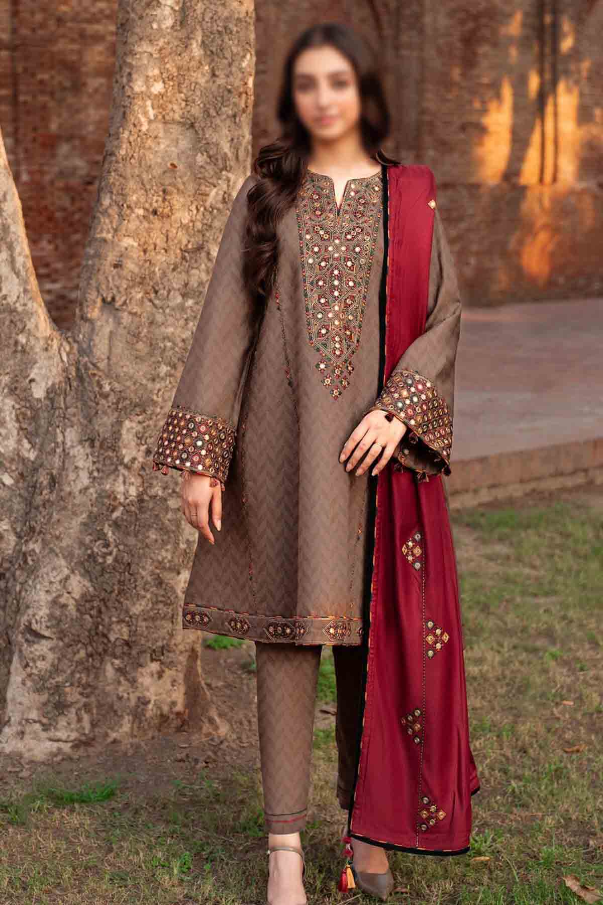 MARIA B 3PC DHANAK EMBROIDERED SHIRT WITH DHANAK EMB SHAWL AND TROUSER DN-2042