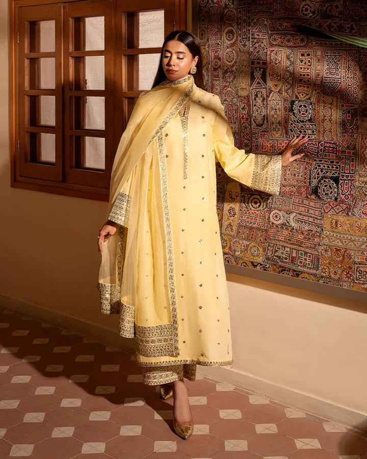 HUSSAIN REHAR 3PC DHANAK EMBROIDERED SHIRT WITH DHANAK SHAWL AND TROUSER DN-2071